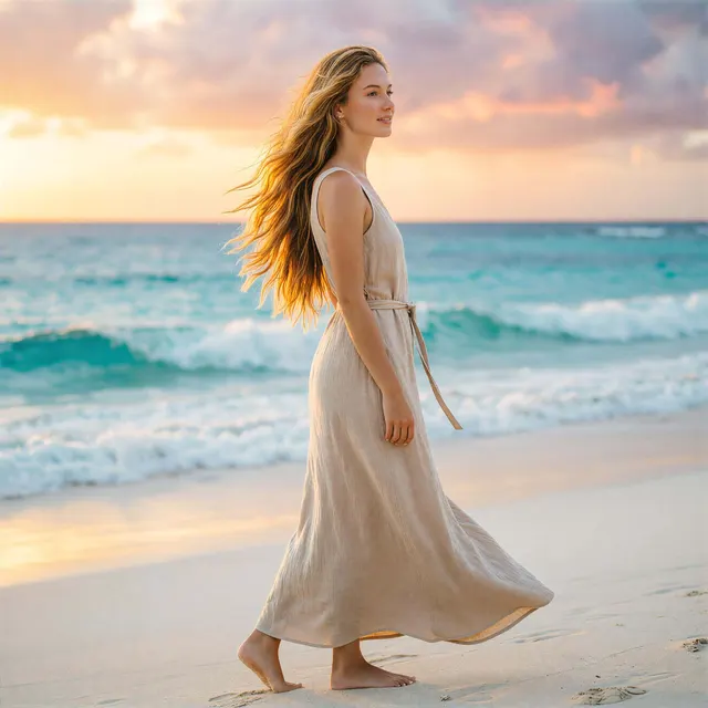 AI hairstyle changer example: A Stroll by the Sea